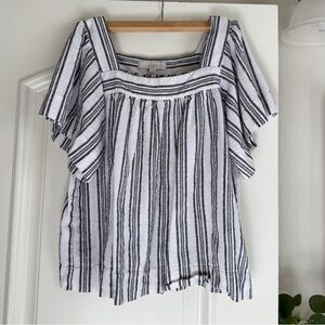 LOFT Women's Striped Grey, metallic and White square neck flutter sleeve Top